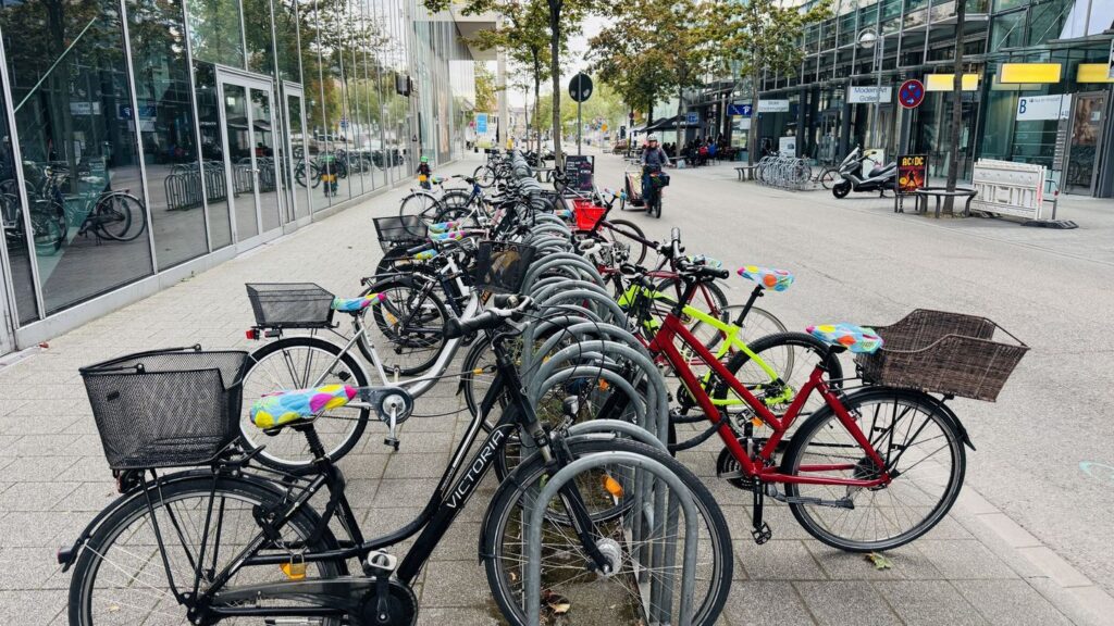 Reihe abgestellter Fahrräder mit Trendkost-Sattelschonern in der Karlsruher Innenstadt